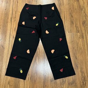 Tribeca Studio Pants Womens 8 Petite Black Fruit Watermelon Pineapple Crop Linen